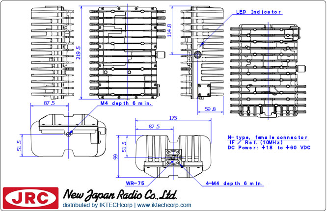 New Japan Radio NJRC NJT5218F 8W Ku-Band (Universal 13.75 to 14.5 GHz) Block Up Converter BUC F-Type Connector Input Mechanical Diagram Drawing